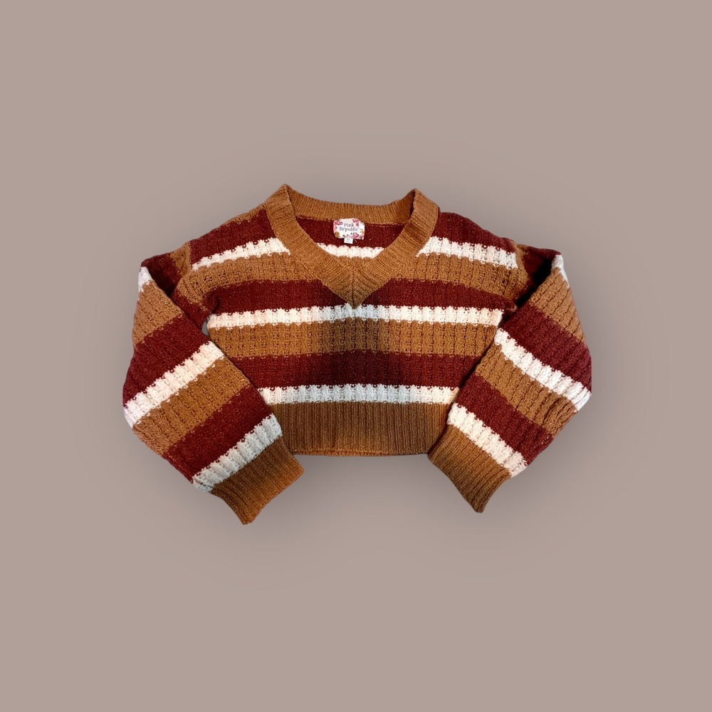 Pink Republic XS Cropped Sweater Women‎ Brown Retro BoHo Striped V-Neck Knit